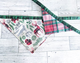 Reversible Christmas Plaid Pet Bandana, Holiday Animals