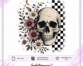 May include: A digital illustration featuring a human skull adorned with pink and white flowers, a crescent moon, and stars. To the right of the skull is a vertical black and white checkered pattern. The text reads 300 DPI, TRANSPARENT BACKGROUND, COMMERCIAL USE, and Graphic Mamasaurus DESIGNS FOR CREATORS.