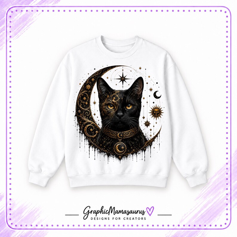May include: A white crewneck sweatshirt featuring a central graphic of a black cat centered within a large golden crescent moon. The design includes intricate celestial patterns, stars, a sun icon, and a collar with a moon pendant. Text reads GraphicMamasaurus.