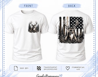 Op de afbeelding: Een wit t-shirt getoond van de voor- en achterkant. De voorkant heeft een kleine afbeelding van een hert in een bos. De achterkant toont een grote afbeelding van een hert in een bos met een gestileerd Amerikaans vlagontwerp.