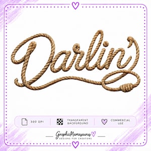 Può includere: Un design grafico digitale che presenta la parola Darlin' scritta con un carattere a corda marrone testurizzato. Le lettere sono collegate in uno stile corsivo, con l'ultima lettera che termina in un dettaglio a nodo su sfondo bianco.