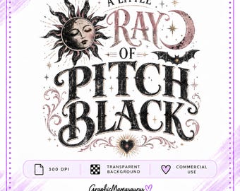 Puede incluir: Un diseño gráfico digital con el texto A LITTLE RAY OF PITCH BLACK en letras negras y oro rosa. El diseño incluye un sol con rostro, una luna creciente, un pequeño murciélago y adornos decorativos sobre un fondo de color blanco.