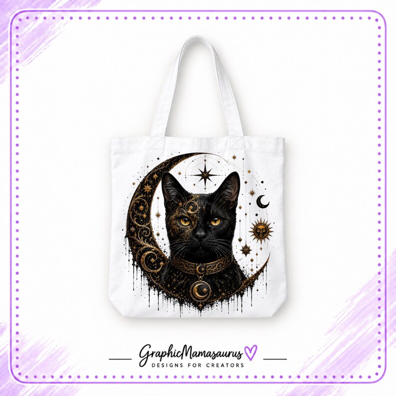 May include: A white tote bag featuring a black cat illustration centered on the front. The cat is framed by a large, ornate gold and black crescent moon with celestial star and sun motifs. The cat wears a decorative collar with a moon pendant.