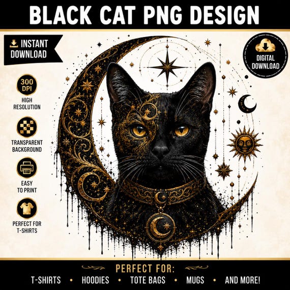 Celestial Black Cat PNG, Moon Stars Gothic Design (Digital Download)