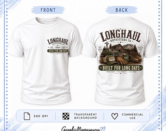 Op de afbeelding: Een wit t-shirt met korte mouwen, getoond van de voor- en achterkant. De voorkant heeft een klein logo met de tekst LONGHAUL OUTFITTERS CO. EST. 2026 BUILT FOR LONG DAYS. De achterkant toont een grote afbeelding van een vrachtwagen, schuur, hoed en handschoenen.