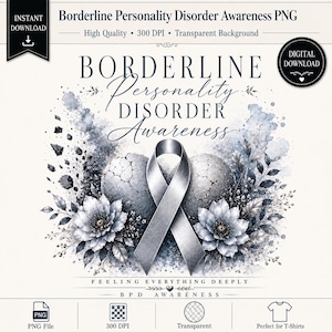 Może przedstawiać: Cyfrowy projekt graficzny z tekstem Borderline Personality Disorder Awareness, Feeling Everything Deeply oraz BPD Awareness. Obraz przedstawia srebrną wstążkę świadomości umieszczoną na pękniętym sercu z kwiatowymi akcentami.