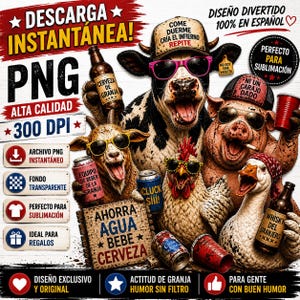 May include: A digital graphic featuring anthropomorphic farm animals wearing sunglasses and holding drinks. The image includes text in Spanish, such as "Descarga Instantanea!" and "Perfecto para Sublimación." The animals include a cow, goat, pig, chicken, and duck.