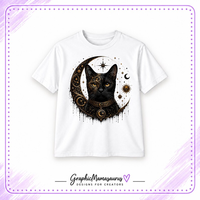 May include: A white short-sleeved t-shirt featuring a graphic of a black cat centered in front of a crescent moon. The cat wears an ornate collar with a moon pendant. The design includes gold and black celestial stars, suns, and filigree patterns.