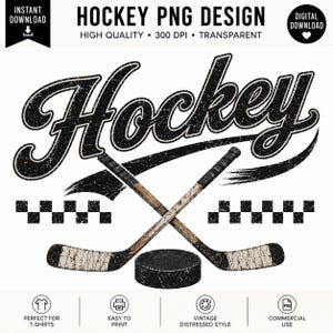 K&ouml;nnte beinhalten: Ein Hockey-Design im Vintage-Stil mit dem Wort "Hockey" in fetter Schrift, gekreuzten Hockeyschl&auml;gern und einem Puck. Das Design enth&auml;lt den Text "Hockey PNG Design" und eignet sich f&uuml;r T-Shirts.