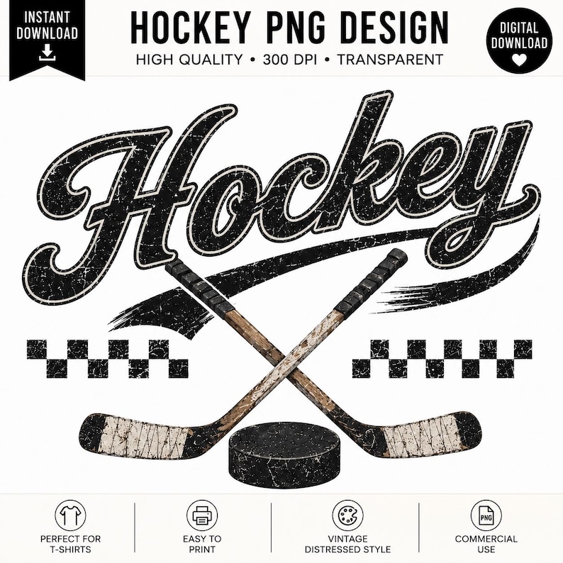 K&ouml;nnte beinhalten: Ein Hockey-Design im Vintage-Stil mit dem Wort "Hockey" in fetter Schrift, gekreuzten Hockeyschl&auml;gern und einem Puck. Das Design enth&auml;lt den Text "Hockey PNG Design" und eignet sich f&uuml;r T-Shirts.