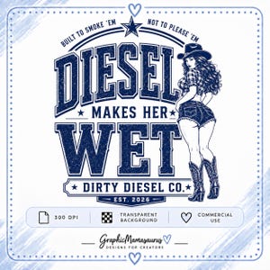 May include: A blue and white graphic design featuring a cowgirl in a hat, plaid shirt, and denim shorts. The text reads: BUILT TO SMOKE 'EM NOT TO PLEASE 'EM, DIESEL MAKES HER WET, DIRTY DIESEL CO. EST. 2026. Includes 300 DPI, transparent background, and commercial use icons.