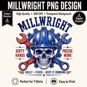 May include: A digital graphic design featuring a skull wearing a blue hard hat centred in front of a blue gear. Two crossed wrenches, one red and one blue, are behind the skull. Text includes MILLWRIGHT, DIRTY HANDS, PRECISE WORK, and BUILT FIXED KEEP IT RUNNING.