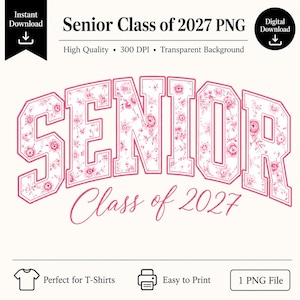 Graduación de la promoción de 2027 en formato PNG, diseño floral rosa (descarga digital)