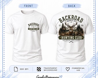 Op de afbeelding: Een wit t-shirt met korte mouwen, getoond van de voor- en achterkant. De voorkant heeft een klein logo met de tekst Backroad Supply Co. Hunting Club. De achterkant toont een grote afbeelding van een hert in een bos met dezelfde tekst.