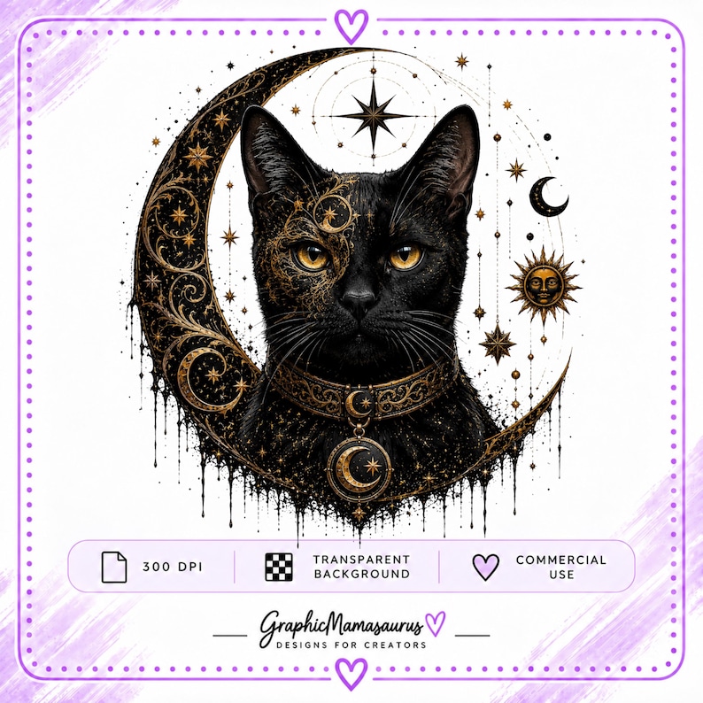 May include: A digital illustration of a black cat with amber eyes, centered in front of a large, ornate crescent moon. The cat wears a detailed collar with a moon pendant. Celestial elements like stars and a sun icon surround the cat.