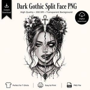 Mörk gotisk splittrat ansikte PNG, dödskalleflicka, blommigt hår, mörk feminin design (digital nedladdning)