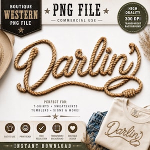 Fuente Darlin Rope PNG, tipografía Western Lasso, gráfico retro de vaquera para sublimación (descarga digital)