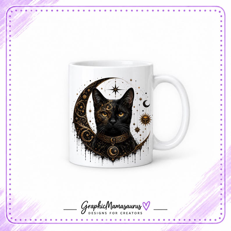 May include: A white ceramic mug featuring a black cat illustration centered on the front. The cat is adorned with gold filigree patterns, wearing a matching collar with a crescent moon charm, set against a large golden crescent moon and stars.