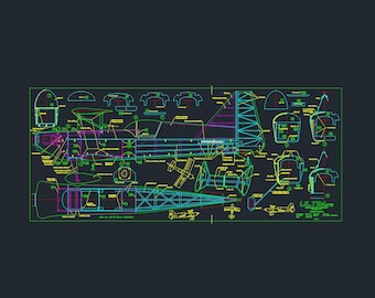 May include: A detailed technical drawing of an aircraft, featuring various components and structural elements. The blueprint is rendered in green, blue, and yellow lines against a dark background. Text includes "ULTIMATE" and other technical annotations.