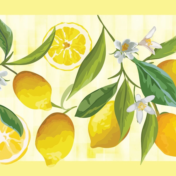 Peel & Stick Wallpaper Border Lemon Flower Self Adhesive Wall Accent Decal for Bedroom, Patio, Kitchen and Outdoor