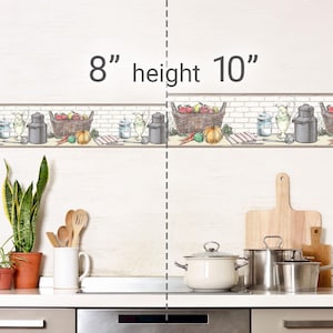 Peel & Stick Wallpaper Border Basket and Kitchenware. Self Adhesive Wall Accent Decal for Kitchen, Coffee shop, Restaurant and Outdoor