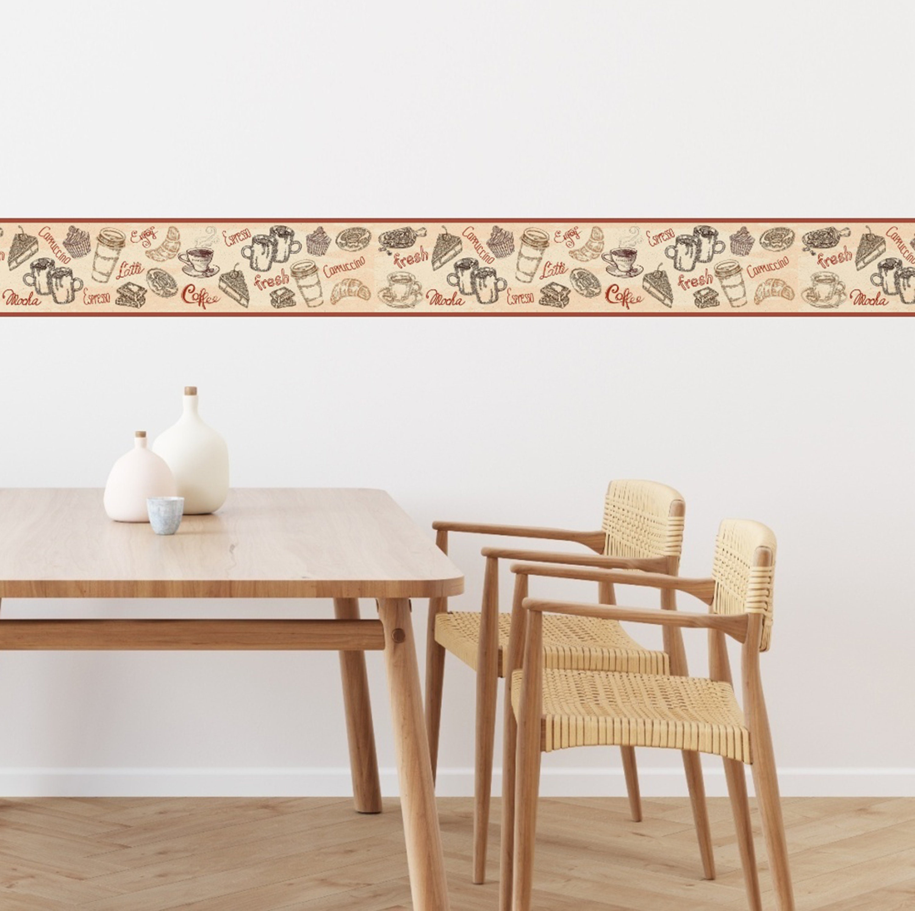 Peel & Stick Wallpaper Border Coffee Illustration Stone. Self Adhesive