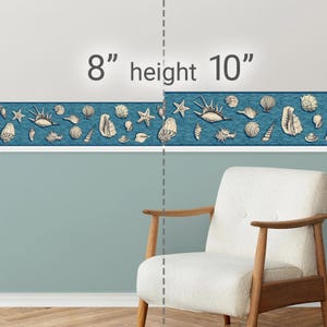 May include: A blue and white seashell wallpaper border with a repeating pattern of seashells and starfish. The border is 8 inches high and 10 feet long.