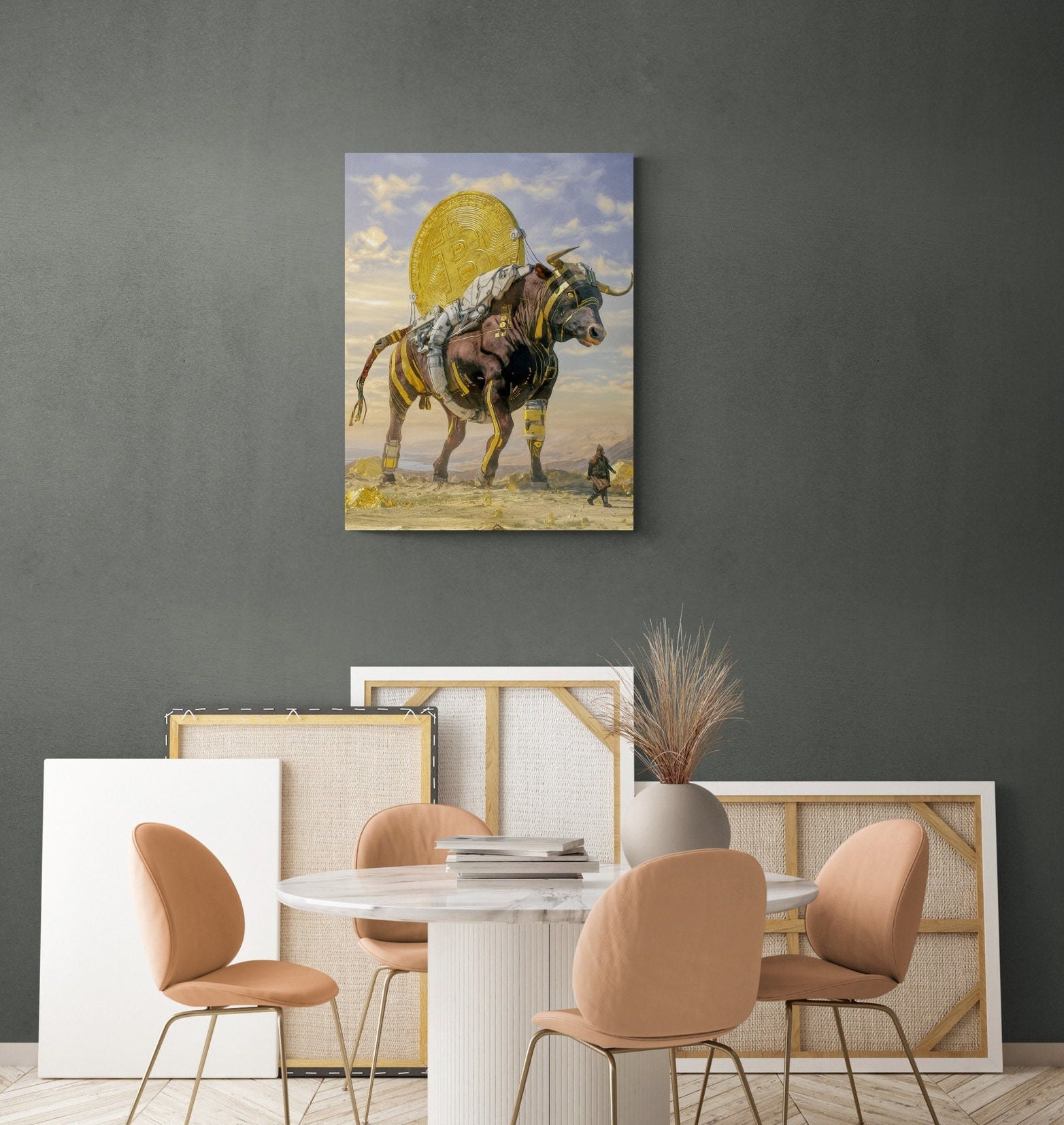 Beeple Bull Run NFT Modern Art - Stretched Canvas Artwork Print for Wall Decor. Famous Contemporary Crypto Art with Bull and Bitcoin