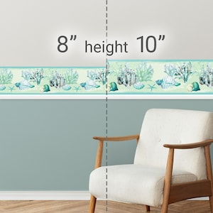 May include: Sea-themed wallpaper border with a light blue background, featuring coral, seashells, and starfish. The border is 8 inches high and 10 feet long.