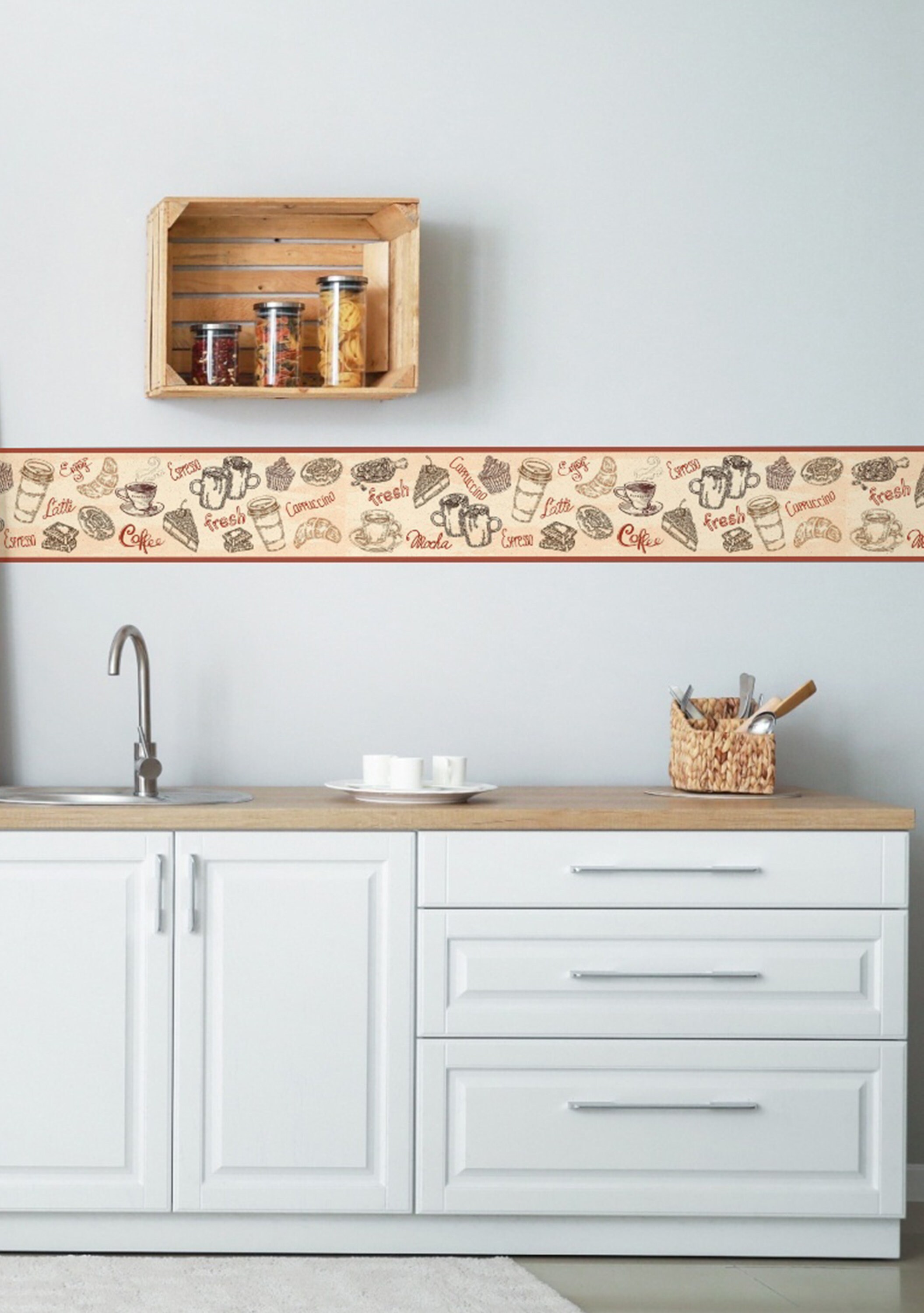 Peel & Stick Wallpaper Border Coffee Illustration Stone. Self Adhesive