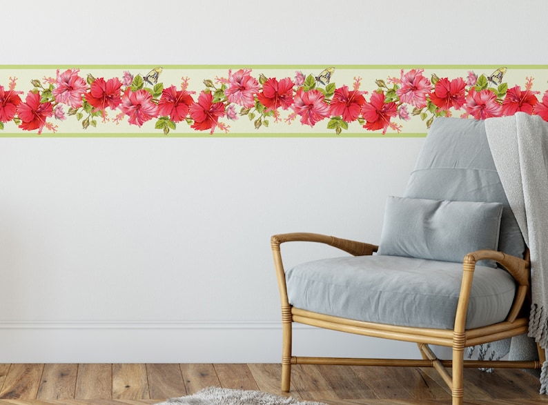 Peel & Stick Wallpaper Border Hibiscus and Butterfly. Self Etsy