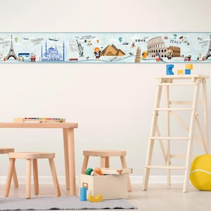 Peel & Stick Wallpaper Border City Tourism Self Adhesive Wall Accent Decal for Bedroom Office Game room and Living Nursery
