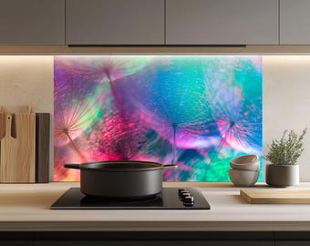 May include: A colorful kitchen backsplash with a close-up of dandelion seeds in shades of pink, blue, and green.