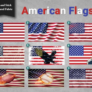 May include: Nine different designs of American flags, each with a unique design element. The designs include a classic flag, a waving flag, a distressed flag, a flag with an eagle, a flag with an astronaut, a flag with a football, a flag with a baseball, and a flag with the Statue of Liberty.