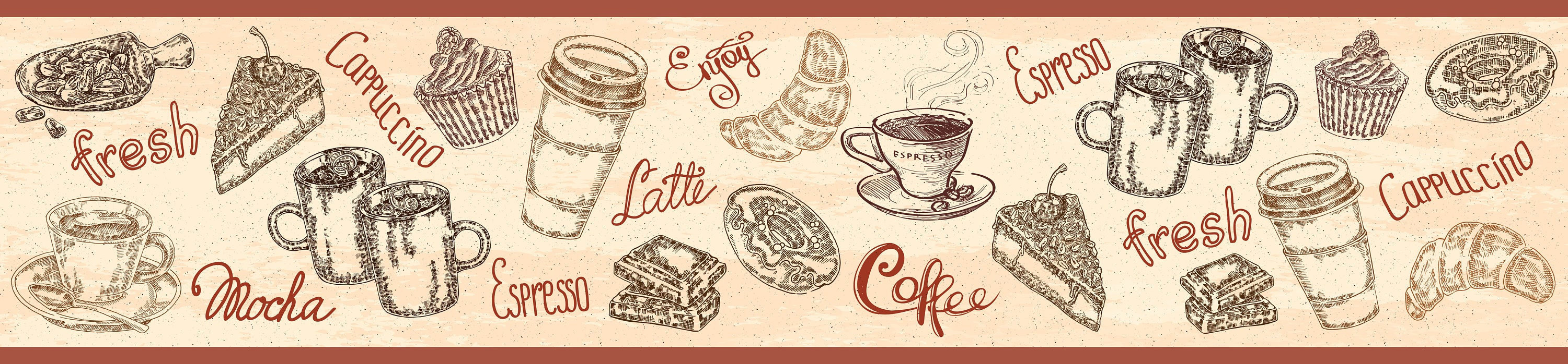 Peel & Stick Wallpaper Border Coffee Illustration Stone. Self Adhesive