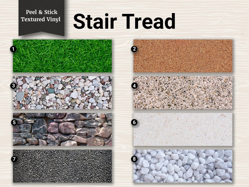 May include: Eight different peel and stick textured vinyl samples for stair treads. The samples include grass, cork, small pebbles, larger pebbles, stone, sand, small black pebbles, and white pebbles.