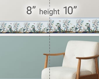 Peel & Stick Wallpaper Border Chinoiserie Herons Cranes Peacocks. Self Adhesive Wall Accent Decal for Livingroom, Patio and Outdoor