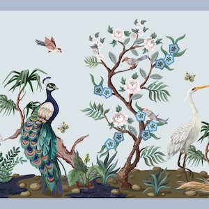 Peel & Stick Wallpaper Border Chinoiserie Herons Cranes Peacocks. Self Adhesive Wall Accent Decal for Livingroom, Patio and Outdoor