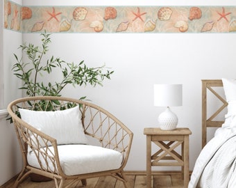 Peel & Stick Wallpaper Border Seashells and Starfish Self Adhesive Wall Accent Decal for Bedroom, Dorm, Game Room, Patio and Outdoor