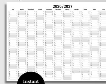 Agenda mural exercice 2026-2027 : gris (téléchargement numérique A0-A4)