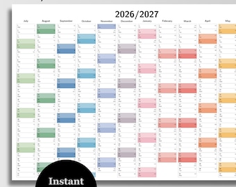 Planner da parete per l'anno finanziario 2026-2027: set di colori arcobaleno (download digitale A0-A4)