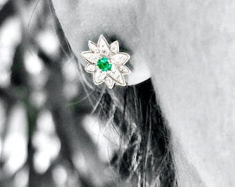 Emerald Flower Stud Earrings | Sterling Silver, Colombian Gemstone