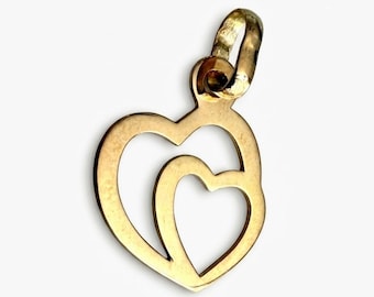 Colgante de doble corazón de oro macizo de 18 quilates / Dos corazones unidos para siempre / Charm minimalista / Collar no incluido