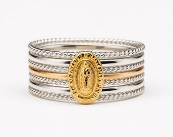 Guadalupe Virgin Miraculous Medal Sjubandsring i sterlingsilver och 10 karat guld | Sju dygder, ett moderhjärta