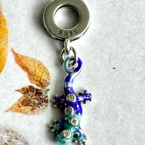 Può includere: Un charm in argento con un design a lucertola blu, turchese e viola. La lucertola ha una coda curva e piedini. Il charm ha un anello d'argento nella parte superiore con la scritta "S925".