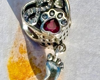 Sterling Silver Heart & Paw Print Charm: Red Zircons, Pandora Compatible