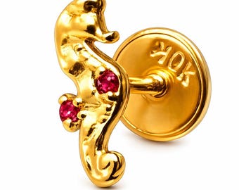 18k Solid Gold Seahorse Earring with Zircons | Minimalist Single stud with Screw Back | Mismatched & Stackable | One Piece