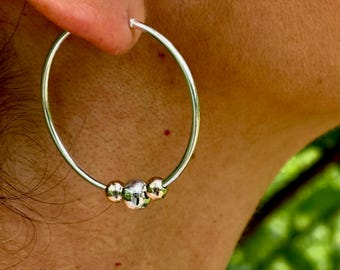 Pendientes de aro de plata de ley 925, 40 mm, con cuentas laminadas/en capas de oro de 10k, aros minimalistas bicolor / Par (2 piezas).