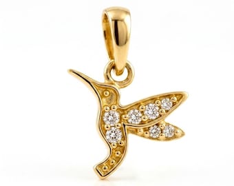 Colgante de colibrí en oro macizo de 18 quilates con circonitas / Símbolo de alegría y libertad / Charm minimalista / Collar no incluido.