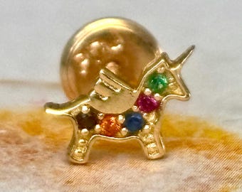 18k Solid Gold Unicorn with colors Zircons Earring - Single Earring – Solo Stud – One Piece – Minimalist design - Screw Back.
